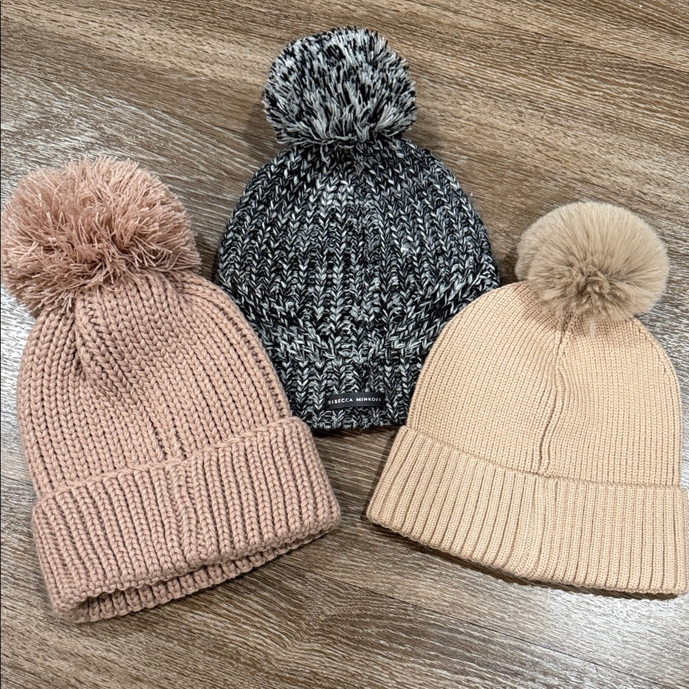 Rebecca Minkoff Knit Beanie Trio - Black, Pink, Tan